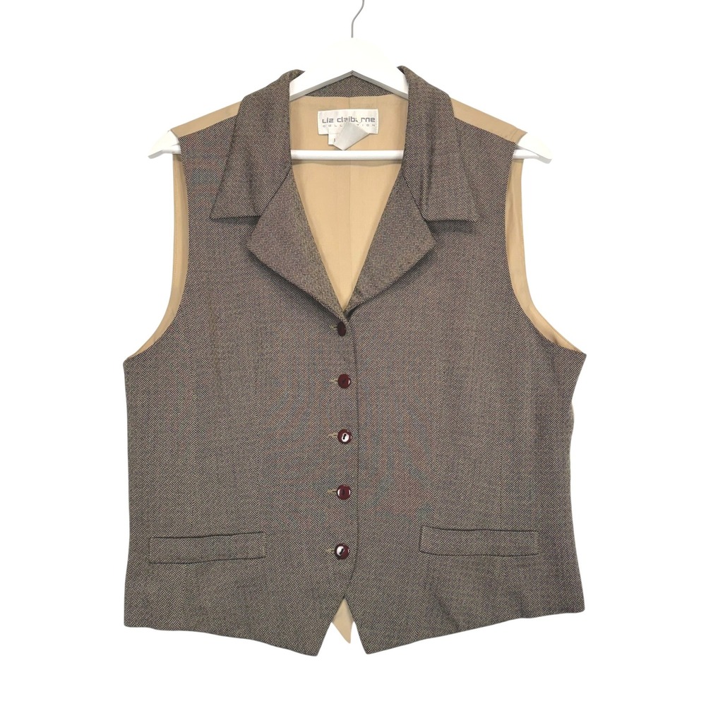 Liz Claiborne Collection Vintage Herringbone Button Front Vest Brown Tan Size 14